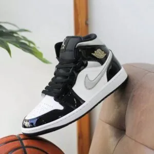 Nike Nike Air Jordan 1 Mid SE Patent Black White Metallic Silver Metallic Gold HV0789-010 Men's Fashion Sneaker New