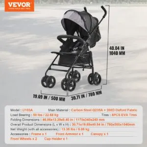 Lightweight Stroller, Compact Easy Fold MultiPosition Recline Canopy Backrest, Carbon Steel Frame, for Travel and More
