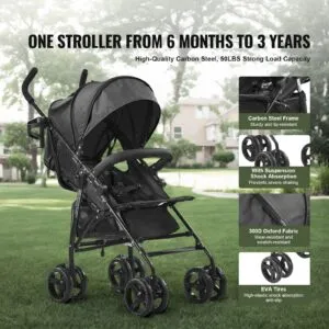 Lightweight Stroller, Compact Easy Fold MultiPosition Recline Canopy Backrest, Carbon Steel Frame, for Travel and More