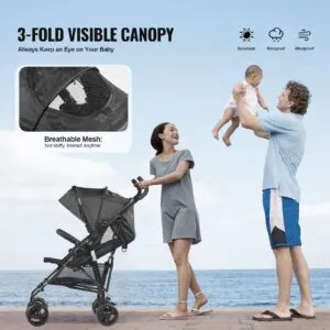 Lightweight Stroller, Compact Easy Fold MultiPosition Recline Canopy Backrest, Carbon Steel Frame, for Travel and More