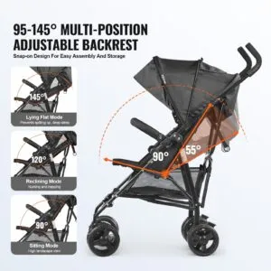 Lightweight Stroller, Compact Easy Fold MultiPosition Recline Canopy Backrest, Carbon Steel Frame, for Travel and More
