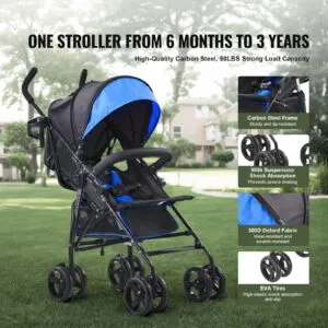 Lightweight Stroller, Compact Easy Fold MultiPosition Recline Canopy Backrest, Carbon Steel Frame, for Travel and More