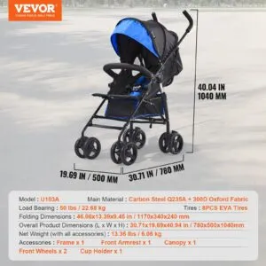 Lightweight Stroller, Compact Easy Fold MultiPosition Recline Canopy Backrest, Carbon Steel Frame, for Travel and More