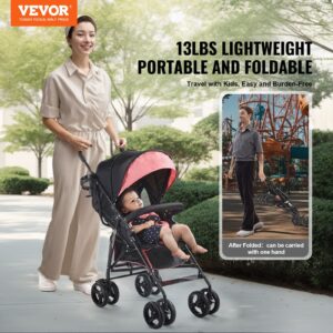 Lightweight Stroller, Compact Easy Fold MultiPosition Recline Canopy Backrest, Carbon Steel Frame, for Travel and More