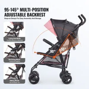 Lightweight Stroller, Compact Easy Fold MultiPosition Recline Canopy Backrest, Carbon Steel Frame, for Travel and More
