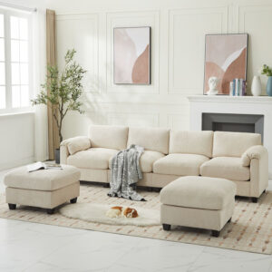 Corduroy Sectional Sofas with 2 Removable Ottomans, U-shaped Symmetrical 6-seat Modular Couch