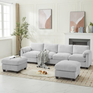 Corduroy Sectional Sofas with 2 Removable Ottomans, U-shaped Symmetrical 6-seat Modular Couch