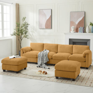 Corduroy Sectional Sofas with 2 Removable Ottomans, U-shaped Symmetrical 6-seat Modular Couch