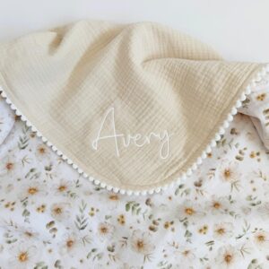 Super Soft Organic Muslin Baby Blanket – Embroidered Name Muslin Blanket, Eucalyptus Design, Stroller Blanket, Lightweight Summer Blanket
