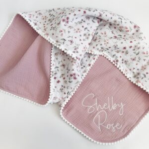 Super Soft Organic Muslin Baby Blanket – Embroidered Name Muslin Blanket, Eucalyptus Design, Stroller Blanket, Lightweight Summer Blanket