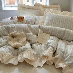 Cotton Duvet Cover Set | Vintage Bedding with Lace Ruffle Pillowcases | Cozy Comforter Cover