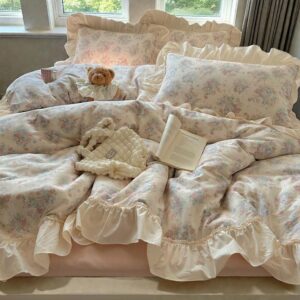 Cotton Duvet Cover Set | Vintage Bedding with Lace Ruffle Pillowcases | Cozy Comforter Cover