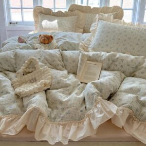 Cotton Duvet Cover Set | Vintage Bedding with Lace Ruffle Pillowcases | Cozy Comforter Cover