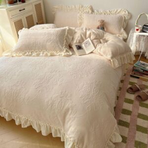 Cream Embossed Ruffle Bedding Set Vintage Floral Comforter Set