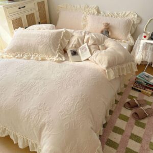 Cream Embossed Ruffle Bedding Set Vintage Floral Comforter Set