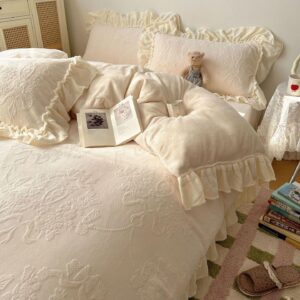Cream Embossed Ruffle Bedding Set Vintage Floral Comforter Set