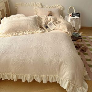 Cream Embossed Ruffle Bedding Set Vintage Floral Comforter Set