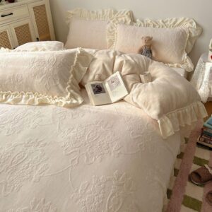 Cream Embossed Ruffle Bedding Set Vintage Floral Comforter Set