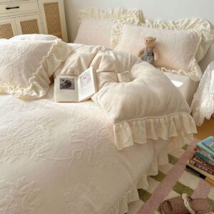 Cream Embossed Ruffle Bedding Set Vintage Floral Comforter Set