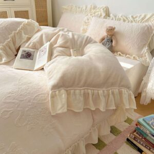 Cream Embossed Ruffle Bedding Set Vintage Floral Comforter Set