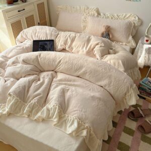 Cream Embossed Ruffle Bedding Set Vintage Floral Comforter Set
