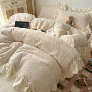 Cream Embossed Ruffle Bedding Set Vintage Floral Comforter Set