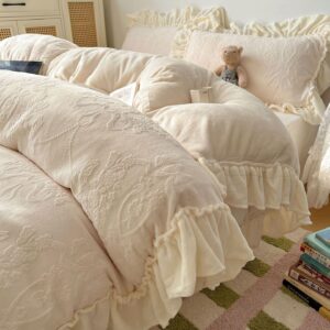 Cream Embossed Ruffle Bedding Set Vintage Floral Comforter Set