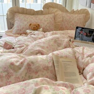 Cotton Duvet Cover Set | Vintage Bedding with Lace Ruffle Pillowcases | Cozy Comforter Cover