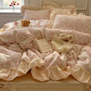 Cotton Duvet Cover Set | Vintage Bedding with Lace Ruffle Pillowcases | Cozy Comforter Cover