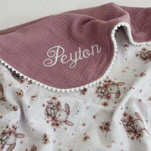 Super Soft Organic Muslin Baby Blanket – Embroidered Name Muslin Blanket, Eucalyptus Design, Stroller Blanket, Lightweight Summer Blanket