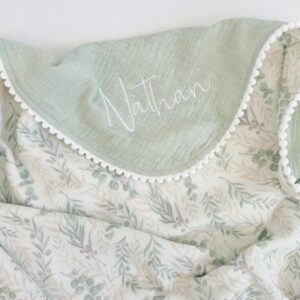 Super Soft Organic Muslin Baby Blanket – Embroidered Name Muslin Blanket, Eucalyptus Design, Stroller Blanket, Lightweight Summer Blanket