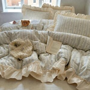 Cotton Duvet Cover Set | Vintage Bedding with Lace Ruffle Pillowcases | Cozy Comforter Cover