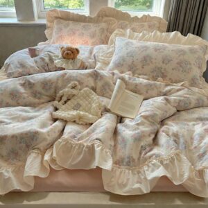 Cotton Duvet Cover Set | Vintage Bedding with Lace Ruffle Pillowcases | Cozy Comforter Cover