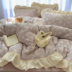 Cotton Duvet Cover Set | Vintage Bedding with Lace Ruffle Pillowcases | Cozy Comforter Cover