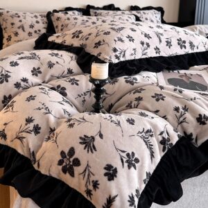 Floral Comforter Set with Ruffle Trim, Beige and Black Botanical Bedding