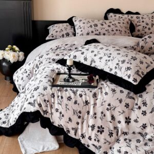 Floral Comforter Set with Ruffle Trim, Beige and Black Botanical Bedding