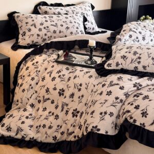 Floral Comforter Set with Ruffle Trim, Beige and Black Botanical Bedding