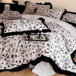 Floral Comforter Set with Ruffle Trim, Beige and Black Botanical Bedding