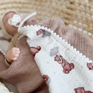 Super Soft Organic Muslin Baby Blanket – Embroidered Name Muslin Blanket, Eucalyptus Design, Stroller Blanket, Lightweight Summer Blanket