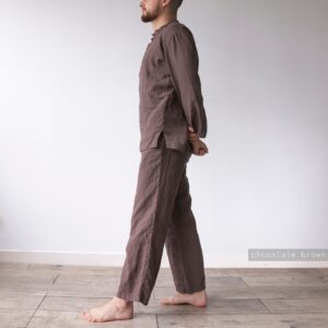 Linen Men's Pajama Set: Oversized Fit, Brown Linen Sleepwear